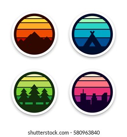 Set of vector adventure badges in retro style with lines. Pins or patches with solid color fake gradients: green, blue, yellow and pink.