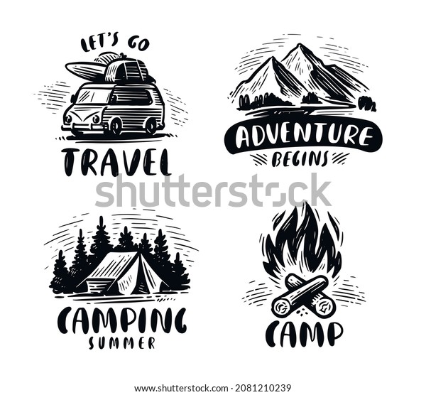 set of vector adventure outdoor\
vintage symbol illustration, mountain vintage logo\
design