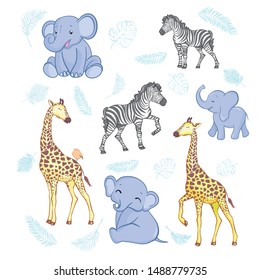 Set vector African animals elephant, Zebra, giraffe, cute, zoo. Cool African Safari illustration for kids t-shirt, kids clothes, invitations