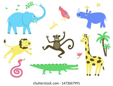 Set of vector african animals and plants. Funny colourful collection of animal's characters, like a elephant, lion, rhino, giraffe, monkey and etc.