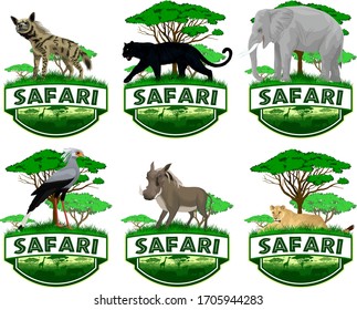 set of vector african savannah safari emblems with lioness, elephant, black panther, secretary bird, common warthog and striped hyena