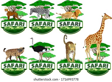 set of vector african savannah safari emblems with lions, zebra, ostrich, leopard, giraffe, cheetah and spotted hyena