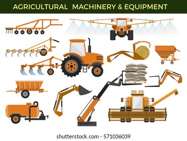 Set of vector agricultural machinery and equipment