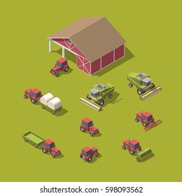 Set of vector agricultural machinery and workshop vector illustration