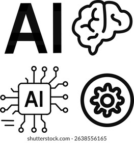  set of vector AI (artificial intelligence), Network Node, AI Chip , Microchip with AI Text, Brain Circuit, Gear