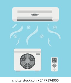 Set of vector air conditioners isolated on blue background flat air conditioning system and remote control buttons. Vector illustration. Air conditioning, cooling breeze blows cold.