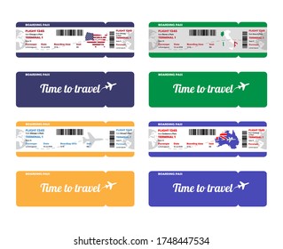 Set of vector airline boarding pass. Vector template or mock up isolated on white background. Front and back side tickets. Travel banner.