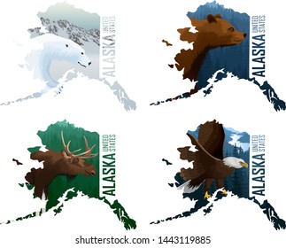 Set of vector Alaska American state maps with grizzly bear,  bald eagle, moose and polar bear