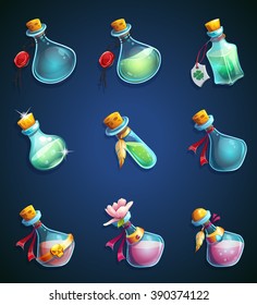Set vector alchemical cartoon bottles for graphics and design