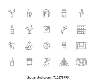 Set Of Vector Alcohol And Bar, Night Club Line Icons. Cocktail, Wine, Beer, Cup, Tequila, Cognac, Whiskey, Shaker, Whisky, Karaoke, Vape, Shot, Tap, Billiard, Hookah And More. Editable Stroke.