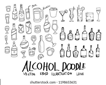 Set of vector alcohol doodle drawing icon Collection on white background