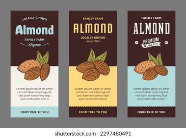 Conjunto de plantillas de etiquetas de almendras vectoriales, diseño de empaquetado de nueces