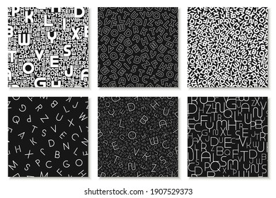 Set of vector alphabet patterns, covers, cards. Stylish black and white backgrounds with latin letters. Fashion monochrome print. 