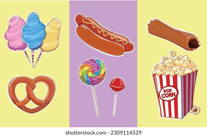 Set of vector of amusement park foods with lollipops, popcorn, hot dog, pretzel, cotton candy
