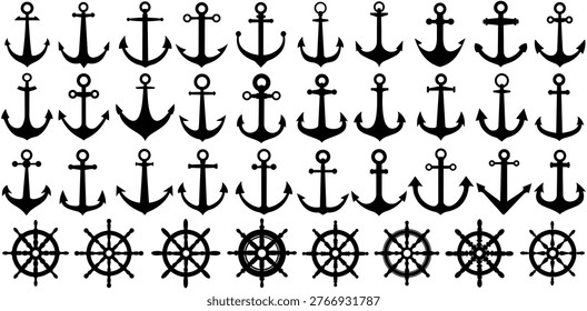 set vector anchor symbol ship wheel icon collections. nautical logo. marine sign template design illustration
