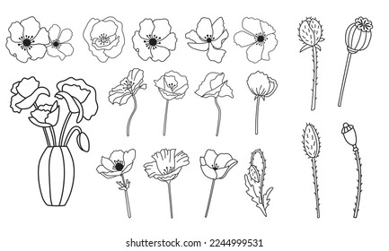 Set of vector anemone flowers, black and white line illustration, botanical field poppies suits for plotter cutting