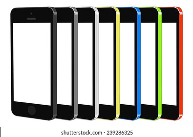 Set of vector angled black colorfull smartphones arranged in a row.
