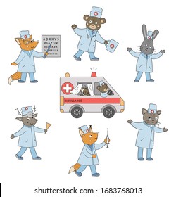 Set of vector animal doctors with ambulance car. Cute funny characters and special emergency transport van. Medical picture for children. Hospital icons isolated on white background