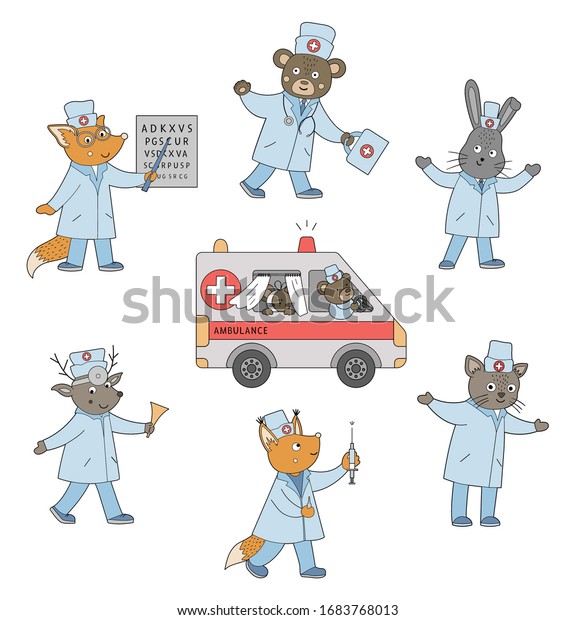 Set of vector\
animal doctors with ambulance car. Cute funny characters and\
special emergency transport van. Medical picture for children.\
Hospital icons isolated on white\
background