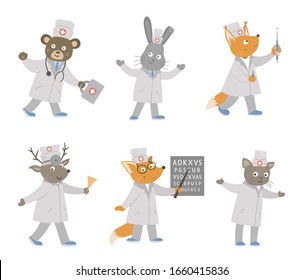 Set of vector animal doctors. Cute funny characters. Medical picture for children. Hospital scenes isolated on white background