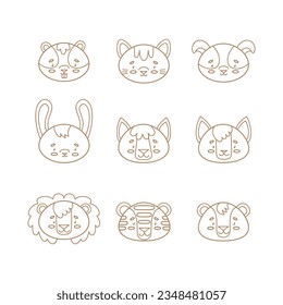 Set of vector animal faces in cartoon style. Cute smiley dog, cat, wolf, hare, fox, beaver, tiger, lion, bear. Cute animal faces. Hand drawn icon characters. Vector illustration.