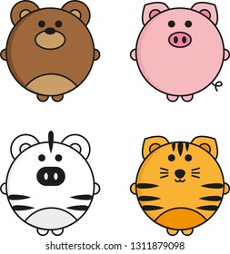 Set of vector animal faces. Illustrations of cute animal heads. Smiling animals. Children cartoons. Bear, Pig, Zebra, Tiger.