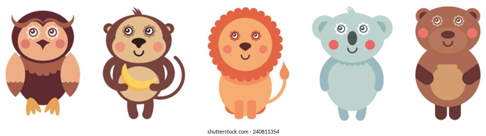 Set of vector animal icons with koala, lion, monkey, owl, teddy