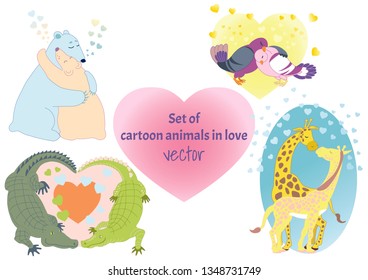 Set of vector animal in love. Doves, bears, crocodiles and giraffes in cartoon style