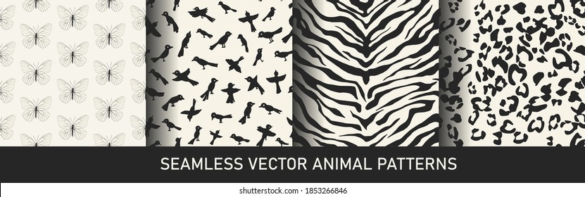 Set of vector animal patterns. Collection of butterfly, birds, zebra and leopard prints. For fabric, textile, wrapping, cover, banner etc. 10 eps