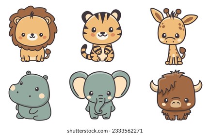 Set of vector animals of Africa on white background. Animals in cute kawaii style. Lion, tiger, elephant, hippo, giraffe, buffalo. 