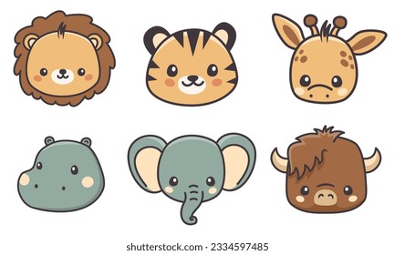 Set of vector animals of Africa on white background. Animal faces in a cute kawaii style. Lion, tiger, elephant, hippo, giraffe, buffalo. 