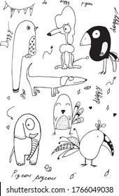 A set of vector animals and birds hand drawn. Black on white vector set. Animals in doodle style.