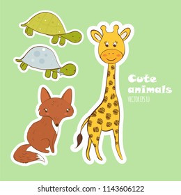 Set of vector animals cartoon stickers. Cute illustration, ideal for scrapbooking.