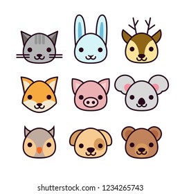 Set of vector animals in cartoon style. Cute bunny, cat, dog, owl, deer, koala, fox, bear and pig heads.