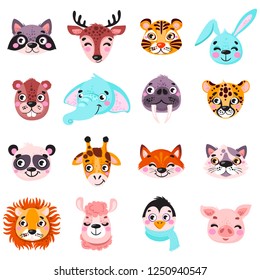 Set of vector animals in cartoon style. Cute smiley pig, panda, beaver, walrus, penguin, elephant, giraffe, llama, raccoon, deer, tiger. Cute animal faces. Hand drawn characters. Vector illustration.