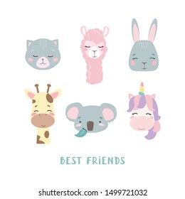 Set of vector animals in cartoon style. Cute smiley unicorn, bunny, llama, cat, giraffe and koala faces, isolated on white background with the signature Best friends. Delicate pastel colors for babies