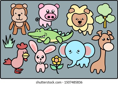 Set of vector animals in cartoon style. Cute animals on a gray background. A collection of small animals in the children's style. 