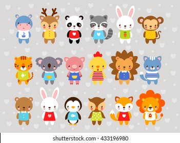 Set of vector animals in cartoon style. Cute animals on a gray background. A collection of small animals in the children's style. Africa, tropics, antarctica, farm, forest.