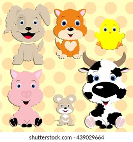 Set of vector animals in cartoon style. Cute animals on the background with traces of animals. A collection of small animals in the children's style. Farm