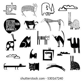 Set of vector animals in cartoon style. A collection of small animals in the children s style.