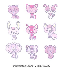 Set of vector animals. Cute smiley dog, cat, wolf, hare, fox, beaver, tiger, lion, bear. Cute animal faces. Hand drawn icon characters. Vector illustration.