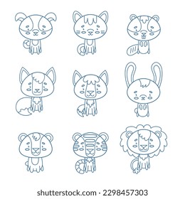 Set of vector animals. Cute smiley dog, cat, wolf, hare, fox, beaver, tiger, lion, bear. Cute animal faces. Hand drawn icon characters. Vector illustration.