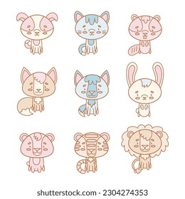 Set of vector animals. Cute smiley dog, cat, wolf, hare, fox, beaver, tiger, lion, bear. Cute animal faces. Hand drawn icon characters. Vector illustration.
