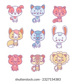 Set of vector animals. Cute smiley dog, cat, wolf, hare, fox, beaver, tiger, lion, bear. Cute animal faces. Hand drawn icon characters. Vector illustration.