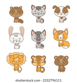 Set of vector animals. Cute smiley dog, cat, wolf, hare, fox, beaver, tiger, lion, bear. Cute animal faces. Hand drawn icon characters. Vector illustration.