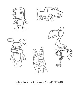 
Set with vector animals in doodle style. Cat, hare, penguin, dog, bird.
