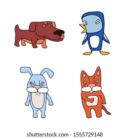 Set with vector animals in doodle style. Cat, hare, penguin, dog.