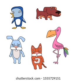 Set with vector animals in doodle style. Cat, hare, penguin, dog, bird.