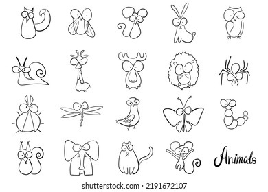 Set of vector animals. Doodle style. Various animals drawn by line.