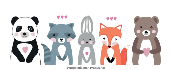 Set of vector animals isolated on white background. Panda, raccoon, rabbit, fox, bear and hearts. Baby illustration in flat cartoon style